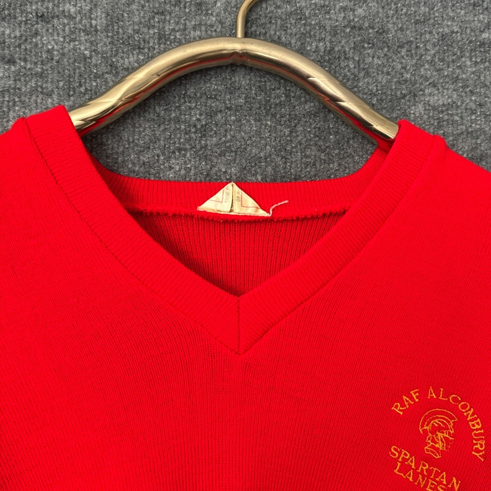 Vintage 60s 70s Bowling Sweater Unisex M Orange Spartan Lanes England V-Neck - Picture 7 of 12